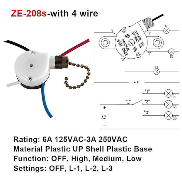 Loftventilator Afbryder Zing Ear Ze-208s E89885 3 Hastigheder 4 Tråds Kæde C