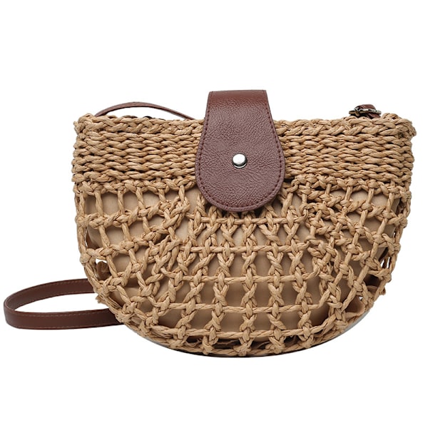 Yogodlns - Halvmåneformet halmveske for kvinner, håndlaget rottingveske, strandveske Khaki-1 24x7x18cm