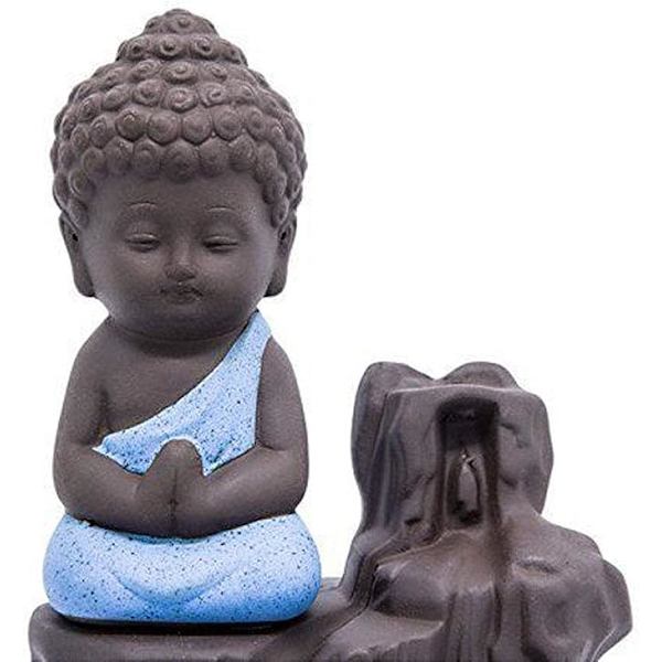 Rökvattenfall-rökelsebrännare, keramik Buddhastaty, liten munkpagod, konisk stångaskaffångare med 20 rökelsekoner (blå)