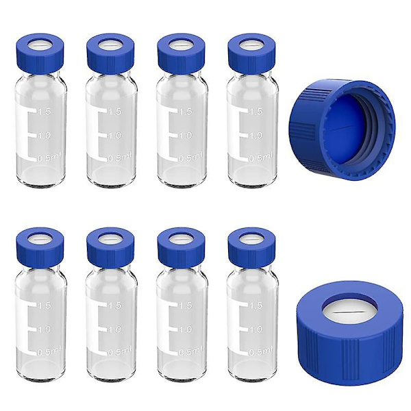 2 ml Autosampler-flaskor, 100-pack - HPLC-flaskor 9-425 klara flaskor med blå skruvlock, blå vita septum