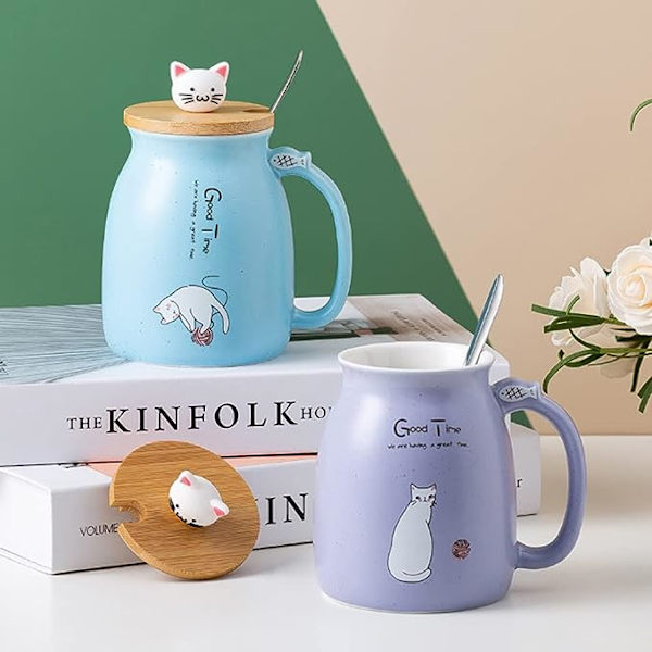 Søte keramiske kattekrus med skje og trelokk, tekopp kaffevand melkemugg for hjemmekontordrikkegave (blå)