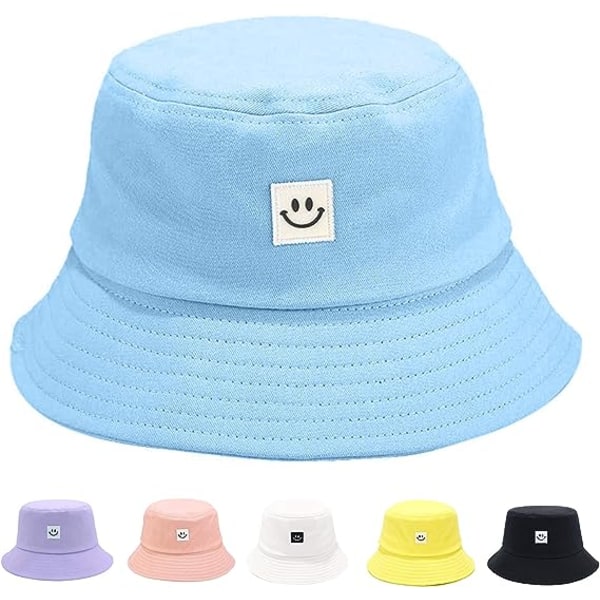 Solhatt for barn med smilende ansikt, bøttehatt for jenter og gutter, sommer solbeskyttelse bomull unisex strandlue