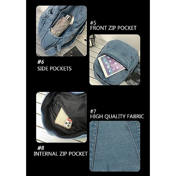 Canvas Ryggsäck Lätt Resa Dagryggsäck Student Ryggsäck Laptop Ryggsäck Denim Medium Handväska för Kvinnor Blå (10)