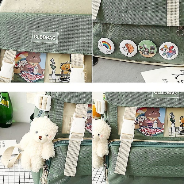 4 stk lærred skolerygsæk combo sæt med bamse vedhæng håndtag skulder mule taske Laptop skoletaske til studerende (grøn)