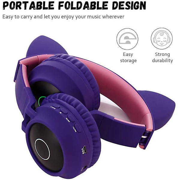Bluetooth 5.0 Kattöron Hörlurar Fällbara On-ear Stereo Trådlösa Headset Med Mikrofon Kontrollstöd