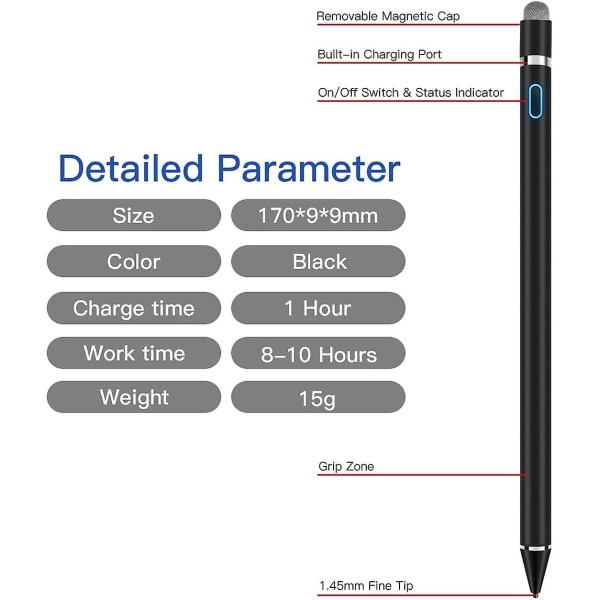 Active Stylus Pen 1,45 mm hög precision och känslighetspunkt Kapacitiv stylus kompatibel för Iphone Samsung Ipad Pro Ipad Air 2