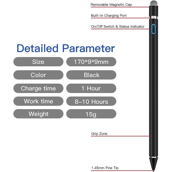 Active Stylus Pen 1,45 mm Høj præcision og følsomhedspunkt Kapacitiv Stylus Kompatibel til Iphone Samsung Ipad Pro Ipad Air 2