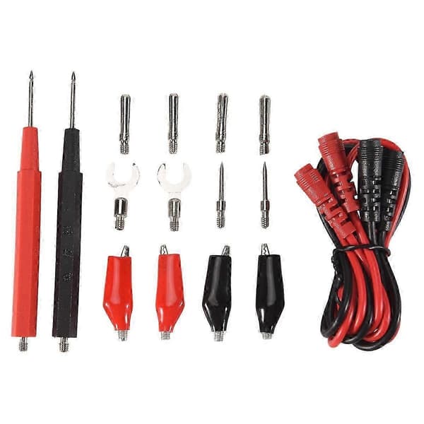Et 16-delt multimeter testprobe og et testsæt, en erstatningstestledning og en probe til et digitalt multimeter. Reddish black