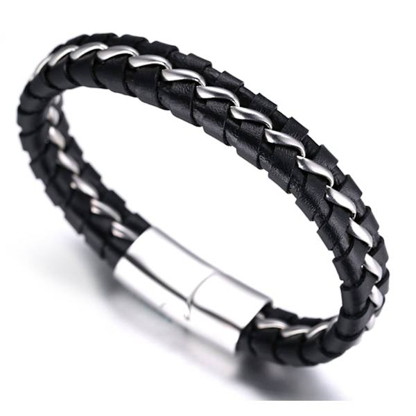 Pojkars armband i äkta läder, svart, titan silverkedja, magnetisk lås, 7 tum/18 cm