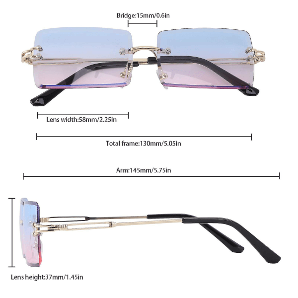 3 par firkantede kantløse solbriller Fashion rammeløse briller Vintage rektangel gennemsigtige briller