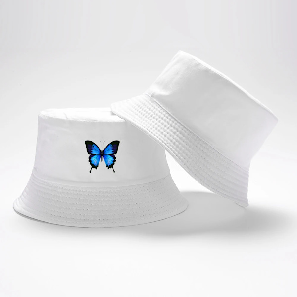 Hot Sale Harajuku Blå Sommerfugl Bøttehatt Unisex Casual Strand Solhatt Ukraina Nasjonalt Emblem Gull Foldbar Bomull Panamahatt Blue Butterfly 011