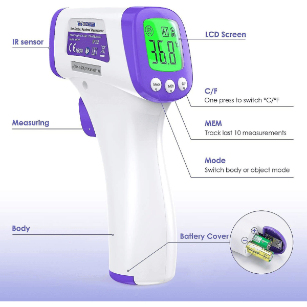 Pannetermometer Infrarødt termometer for voksne, berøringsfritt termometer, LCD-skjerm, minnefunksjon, infrarødt termometer for C