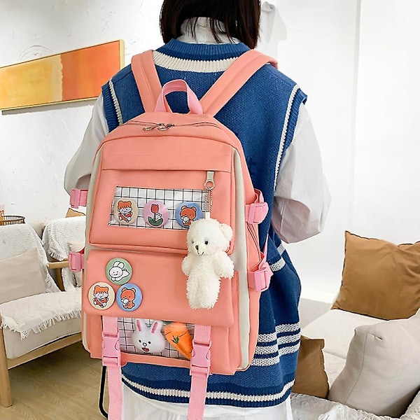 Ryggsekk 4-delt sett videregående skolevesker for tenåringsjenter 2021 Canvas Fashion Reisevesker Kvinner Bokvesker Tenåring Student Skoleveske blå-sett pink-backpack