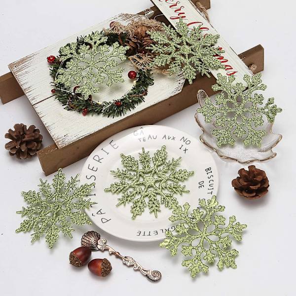 Plastik Juleglitter Snefnug Ornamenter Juletræspynt, 10 cm, Sæt af 36, Lime