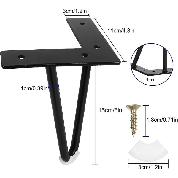 Set med 4 svarta metallmöbelben - 15 cm hårnålsben för soffbord, lågt skåp, TV-bänk