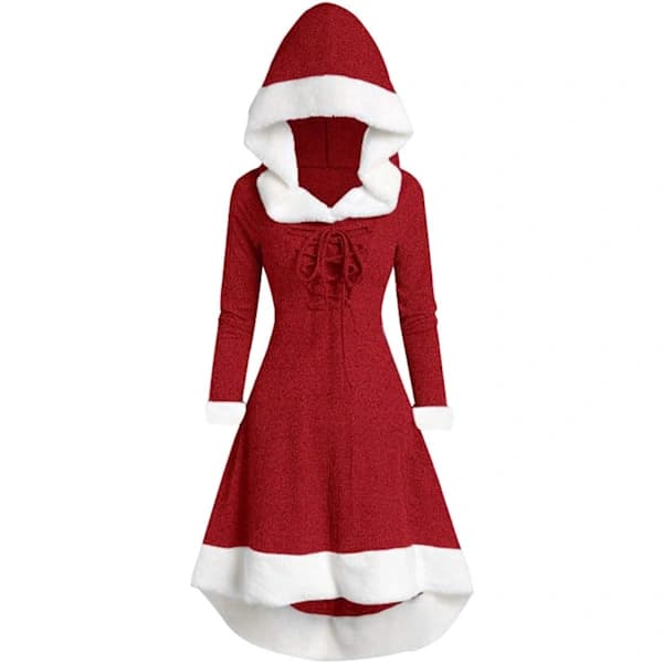 Retro Dam Vinter Jul Långärmad Patchwork Hooded Party Klänning L