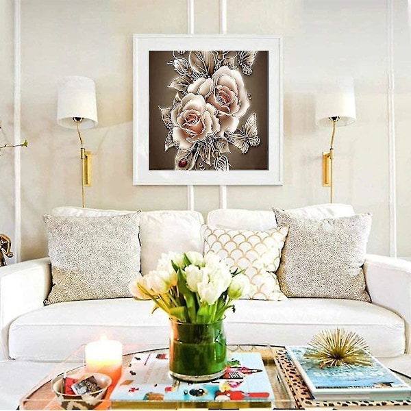 5D Diamantmålning Kit, DIY 5D Fjäril Ros Blomma Full Borr Krystall Rhinestone Målning Diamant Broderi Målningar För Vägg