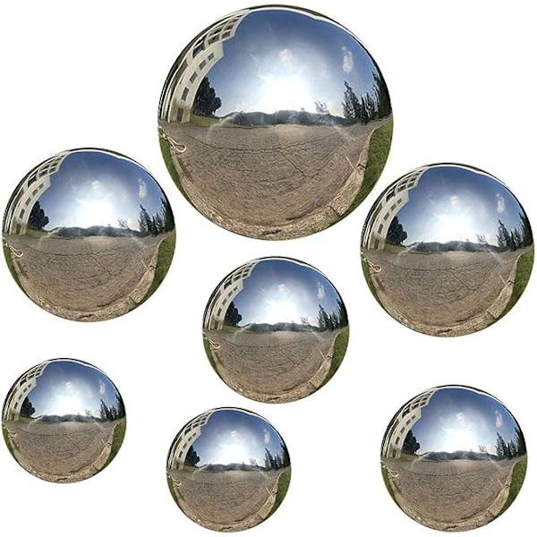 7 stk 4,7 tommer/3,9 tommer/3 tommer/2,5 tommer diameter Speilkule for hagen, Sølv rustfritt stål polert reflekterende glatt hagesfære, Fargerik og skinnende tillegg