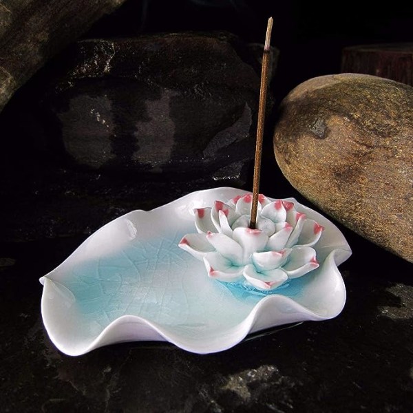 Suitsukepidike Keraaminen Käsintehty taiteellinen suitsuketeline Poltintikku Kela Lotus Ash Catcher Buddhalainen lumpeen lautanen (Azure)