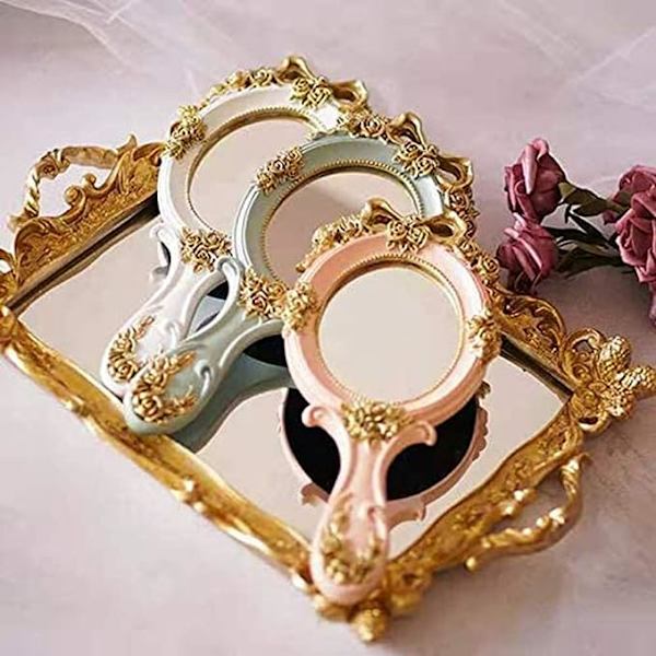 Vintage håndholdte spejle, kompakte spejle med håndtag, håndspray guld unik spray prinsesse skønhed Lolita klassisk rose, til ansigtsmakeup rejse per
