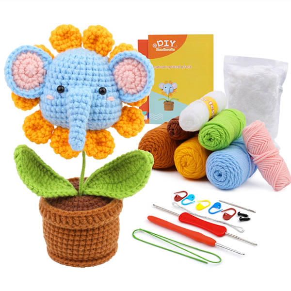 Virka kit för nybörjare, gör-det-själv djur virka kit, krukväxt virka stickningskit, komplett virka startkit för vuxna och barn Chri Blue