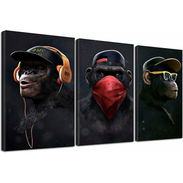 Wise Monkeys Canvas Wall Art - Canvastavlor för vardagsrum Modern heminredning, 30 X 50 Cm, 3 delar,guazhuni