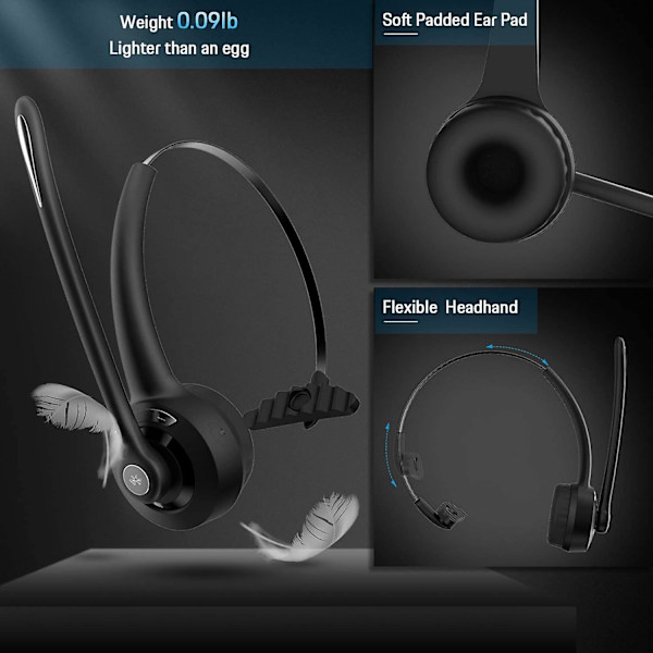 Bluetooth-headset med mikrofon, trådlöst kontorsheadset, over-head-hörlurar, lastbilschaufför Bluetooth-telefonheadset för callcenter, Skype, Voip, stöder