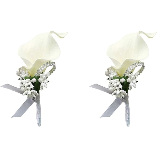 Calla Lily Creamy White Boutonniere Set of 2 Håndlaget Silkeblomst med Bånd Corsage for Brud Brudgom Bryllupsfest