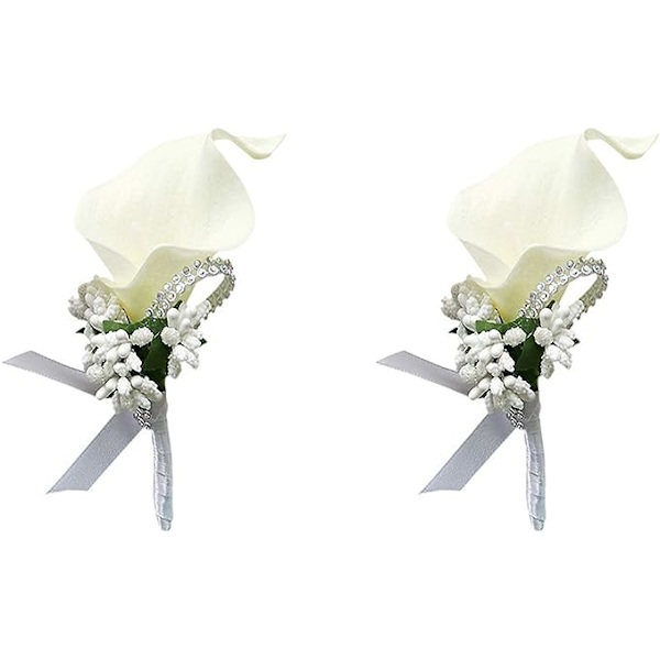 Calla Lily Creamy White Boutonniere Set of 2 Handmade Silk Flower with Ribbon Corsage for Bride Groom Wedding Party