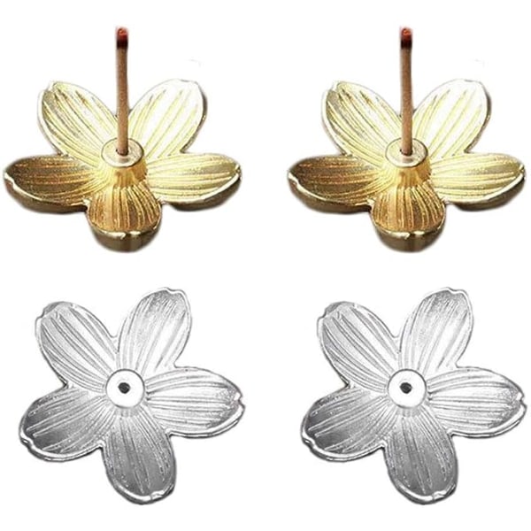 4 styks mini messing incentbrænderholder Røgelsespindeholder, 2 Guld 2 Sølv Sakura Blomsterformet Stick Incent Insence Holder Askfangerbakke til Meditati