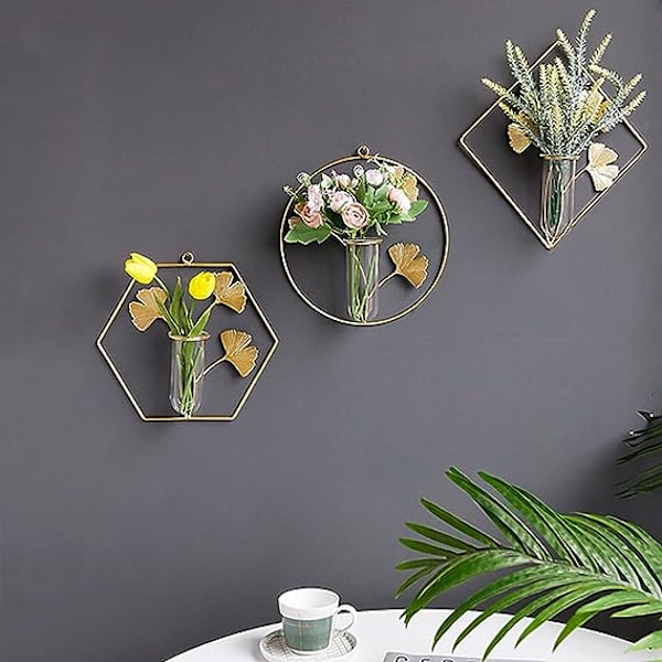 Hängande planteringsvas, väggmonterad växtterrariumblomvas glas provrörsodlare med geometrisk guldmetall växtupphängningsväggdekorbehållare Hom
