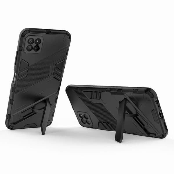 Vikbart stödställ PC + TPU Hybrid Telefonfodral Baksida för Samsung Galaxy A22 5G (EU-version) - Blå Black