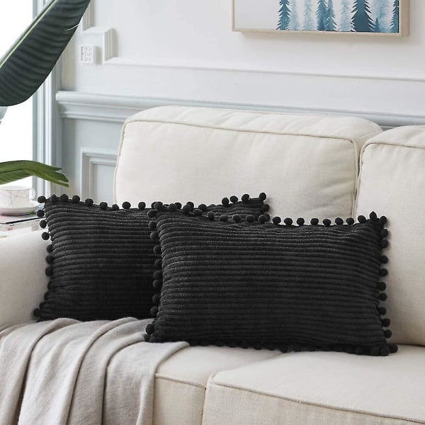 Pakke med 2 korsryggen dekorative putetrekk med pom-poms, myk kordfløyel solid rektangel putesett for sofa Sofa Soverom Bil Stue