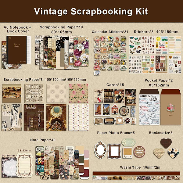 Scrapbooking Kit med 136 Dele, Bullet Journal, Vintage Scrapbooking Materialer, Æstetiske Scrapbooking-Klistermærker til Dagbog