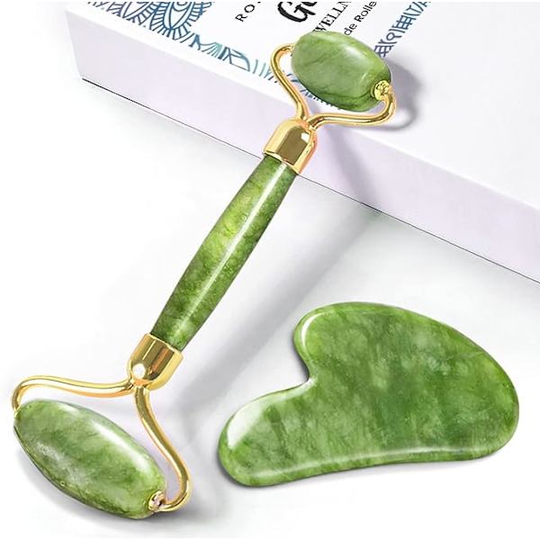Gua Sha & Ansiktsrulle för Ansiktet - Premium Certifierad Jade Naturlig Läkande Kristall Självomsorgsgåvor för Kvinnor - Ansiktshudvård Verktyg Muskelavslappnande Rel