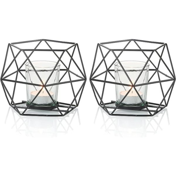 2 kpl mustia geometrisia kynttiläkynttilänjalkoja lasisilla Votive-kupeilla, hääjuhlan sisustus pöydän keskiosaan, metallisia rautalankaa teevalokynttilöitä
