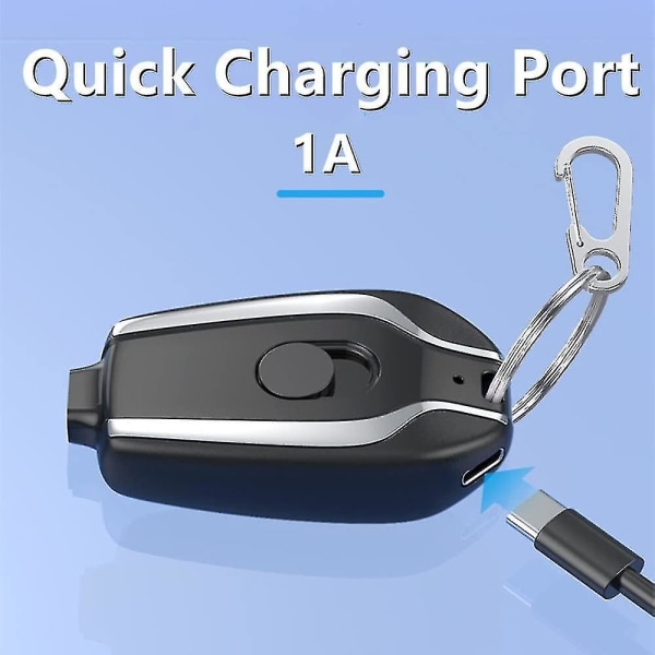 1500mAh Nøglering Telefonoplader, mini Power Emergency Pod Kompatibel med iPhone eller Type-C Hurtigopladning Power Bank Nøglering (sort til Type-C