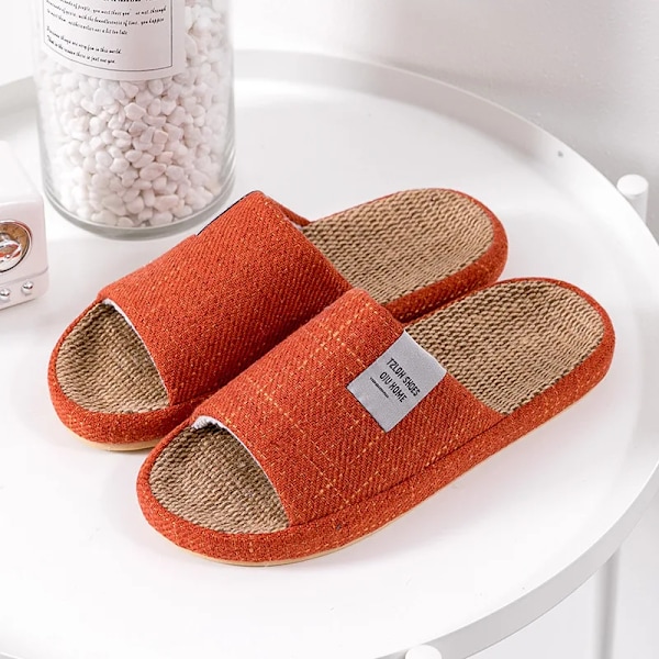 Andningsbara linnestofflor för män och kvinnor, halkfria mjuka hemmtofflor för sommaren red 7.5-8.5