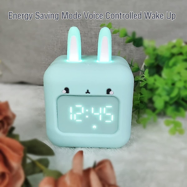 Cute Bunny Vækkeur, Sweet Rabbit Wake Up Light til børn, Vækkeur, Natlys til pigeværelse, Sleep Trainer ur, fødselsdagsgave.(grøn)