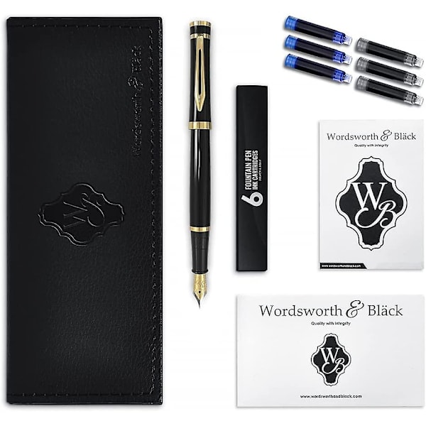 Fountain Pen Sæt, 18k Forgyldt Ekstra Fin Nib, Inkluderer 24 Pakke Blækpatroner, Blæk Påfyldningskonverter & Gaveæske, Guld Finish, Kallig