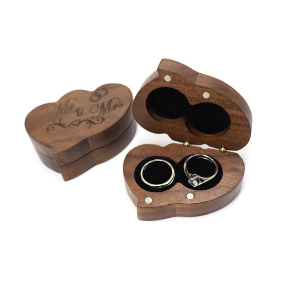 Puinen kaksinkertainen sormuslaatikko, kaiverrettu herra ja rouva puinen sormustelineen seremoniasormuksen kantaja
