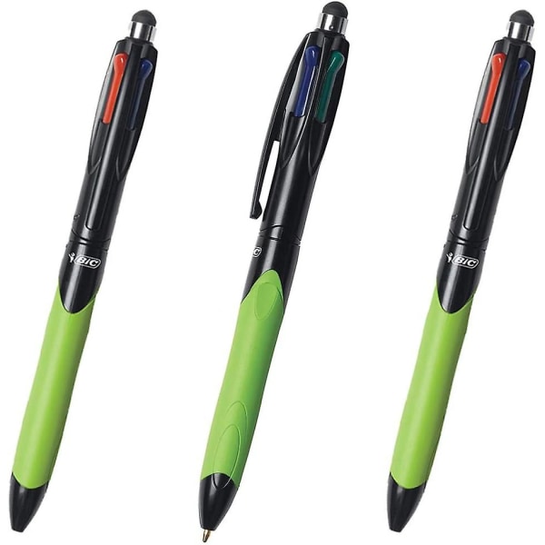 3 X Bic 4-färgs indragbara kulspetspennor med ergonomiskt grepp och penna, 0,4 mm spets, svart, blått, rött och grönt bläck (oem Pac