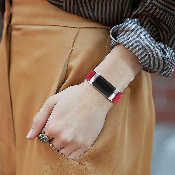 Premium äkta läder justerbart klockarmband för Fitbit Charge 6 5 - Röd Red