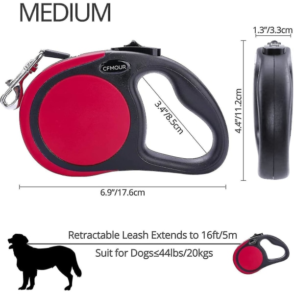 Infällbart rep, 5m/20 kg Heavy Duty Röd Infällbart rep för små till medelstora hundar; Stark nylon , band, broms med en knapp An