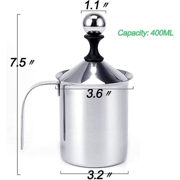 Håndholdt melkeskummer i rustfritt stål, manuell pumpe med filter for cappuccino, kaffe latte, varm sjokolade, 400 ml