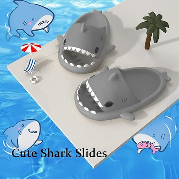 Tecknade hajtofflor, halkfria tjocksulade strandtofflor, snabbtorkande roliga pooltofflor grey 38/39