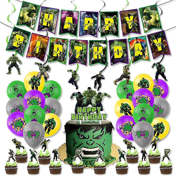 The Hulk-tema festbanner, ballonger, kakepynt, hengende virvler dekorasjonssett