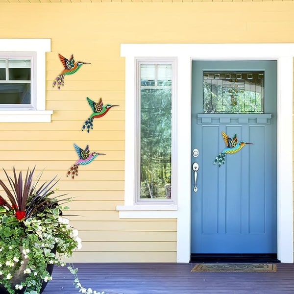 4-pack metall Hummingbird väggdekor, 10 tums färgglada metallfåglar utomhus väggskulptur dekor hängande 3D metall handgjorda fåglar för inomhus utomhus Hom