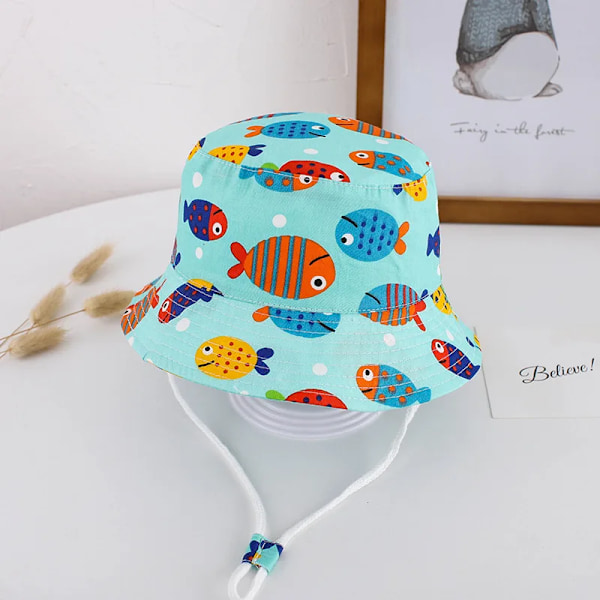 Børne Spand Hatte Drenge Piger Bomuld Tegneserie Fisker Hat Strand Hatte 08 lake blue fish 48cm