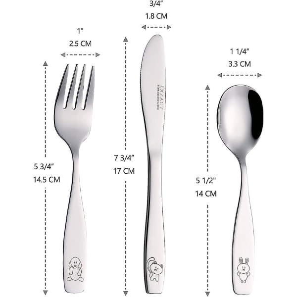 Exzact Børnebestek Sæt 18 stk Rustfrit Stål Børnebestek/Småbørnsbestik/Bestik - 6 x Gaffler, 6 x Sikre Spiseknive, 6 x